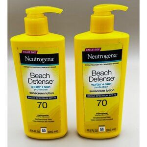 2 Neutrogena Beach Defense Sunscreen Lotion SPF 70, 8.5 oz Pump Bottles exp 2024